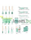 К-т силиконови прибори 33 части със стойка ножове, ножица и дъска